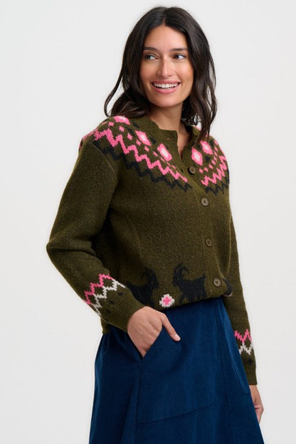 Sugarhill Brighton Olana Cardigan Olive Goat Meadow Fairisle. Womens Soft knitted fabric cardigan with Round neckline, button down front and Fairisle yoke and goat motif detail. With Ribbed cuffs and hem and Relaxed, classic silhouette. Machine washable (delicate) Material: 48% Polyester, 33% Acrylic, 14% Nylon, 3% Elastane & 2% Wool 