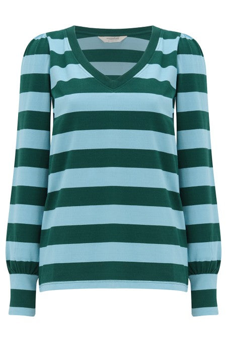 Sugarhill Brighton Palmella V-Neck Jersey Top Green Blue Stripe. Women's V-neck Long sleeves with contrast ribbed cuffs top that's Relaxed, easy-fit silhouette and Machine washable (Delicate) Material: 100% Organic Cotton