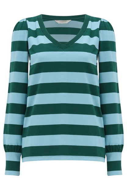 Sugarhill Brighton Palmella V-Neck Jersey Top Green Blue Stripe. Women's V-neck Long sleeves with contrast ribbed cuffs top that's Relaxed, easy-fit silhouette and Machine washable (Delicate) Material: 100% Organic Cotton