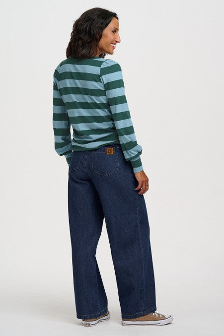 Sugarhill Brighton Palmella V-Neck Jersey Top Green Blue Stripe. Women's V-neck Long sleeves with contrast ribbed cuffs top that's Relaxed, easy-fit silhouette and Machine washable (Delicate) Material: 100% Organic Cotton