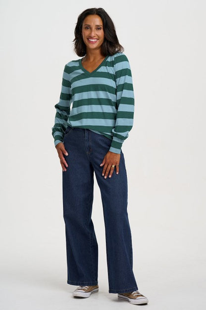 Sugarhill Brighton Palmella V-Neck Jersey Top Green Blue Stripe. Women's V-neck Long sleeves with contrast ribbed cuffs top that's Relaxed, easy-fit silhouette and Machine washable (Delicate) Material: 100% Organic Cotton