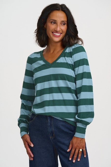 Sugarhill Brighton Palmella V-Neck Jersey Top Green Blue Stripe. Women's V-neck Long sleeves with contrast ribbed cuffs top that's Relaxed, easy-fit silhouette and Machine washable (Delicate) Material: 100% Organic Cotton