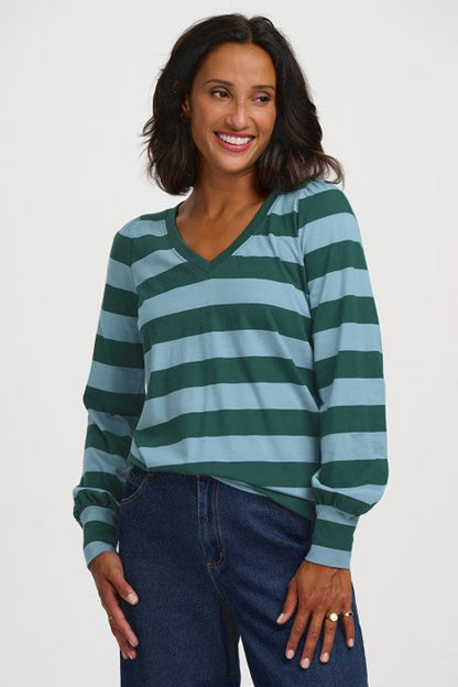 Sugarhill Brighton Palmella V-Neck Jersey Top Green Blue Stripe. Women's V-neck Long sleeves with contrast ribbed cuffs top that's Relaxed, easy-fit silhouette and Machine washable (Delicate) Material: 100% Organic Cotton