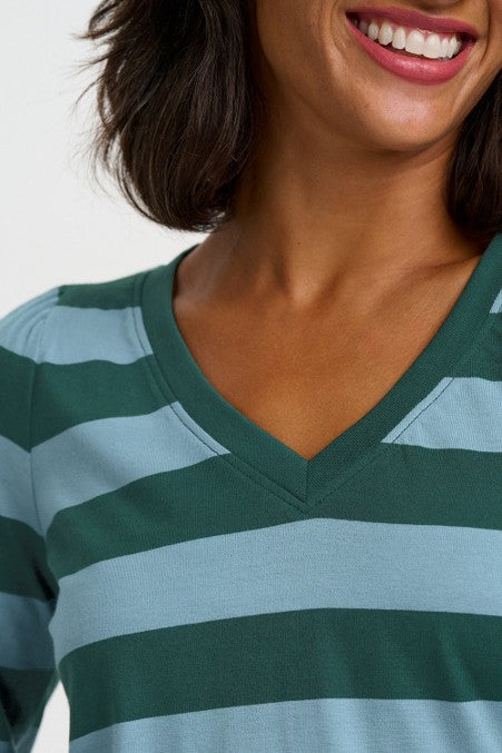 Sugarhill Brighton Palmella V-Neck Jersey Top Green Blue Stripe. Women's V-neck Long sleeves with contrast ribbed cuffs top that's Relaxed, easy-fit silhouette and Machine washable (Delicate) Material: 100% Organic Cotton