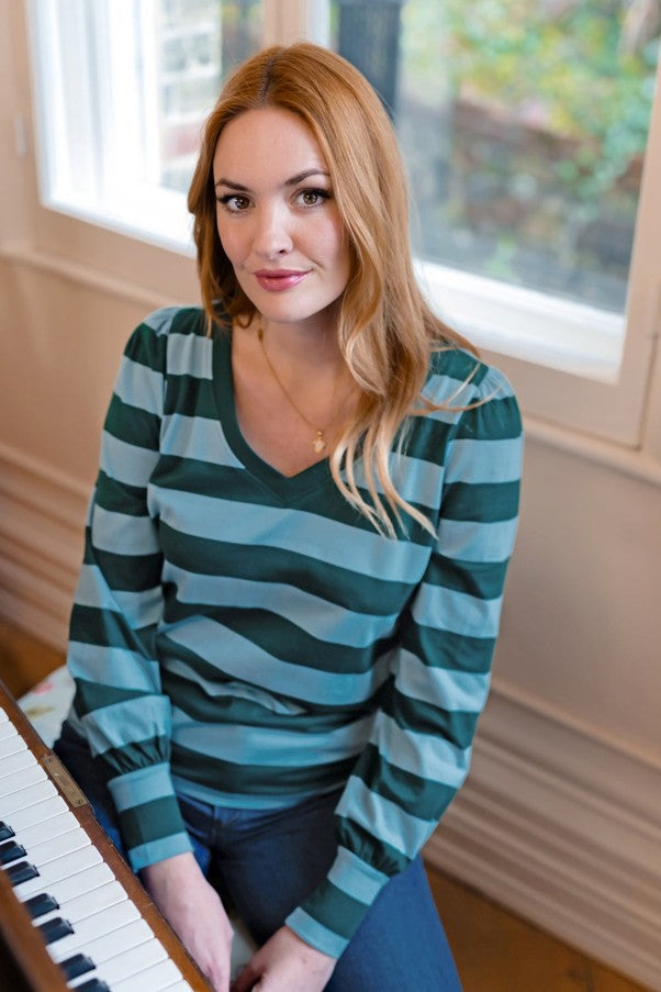 Sugarhill Brighton Palmella V-Neck Jersey Top Green Blue Stripe. Women's V-neck Long sleeves with contrast ribbed cuffs top that's Relaxed, easy-fit silhouette and Machine washable (Delicate) Material: 100% Organic Cotton