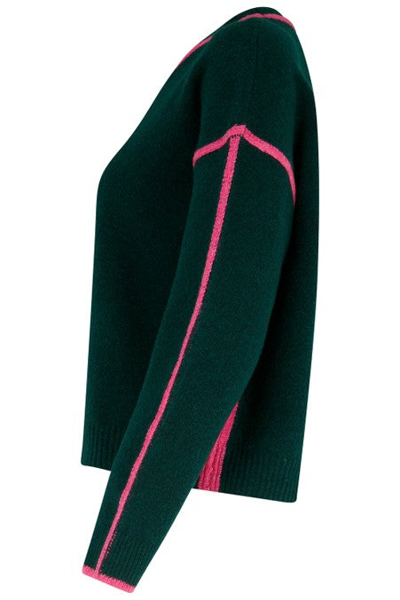 Sugarhill Brighton Rozalia Jumper Dark Jade Green Hot Pink Trim