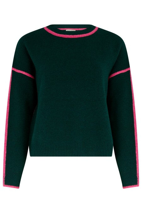 Sugarhill Brighton Rozalia Jumper Dark Jade Green Hot Pink Trim. Womens Soft knitted fabric Crew neckline jumper with Contrast trim detail and Long sleeves with ribbed cuffs that's Machine washable (delicate) Material: 67% Acrylic, 30% Nylon & 3% Elastane