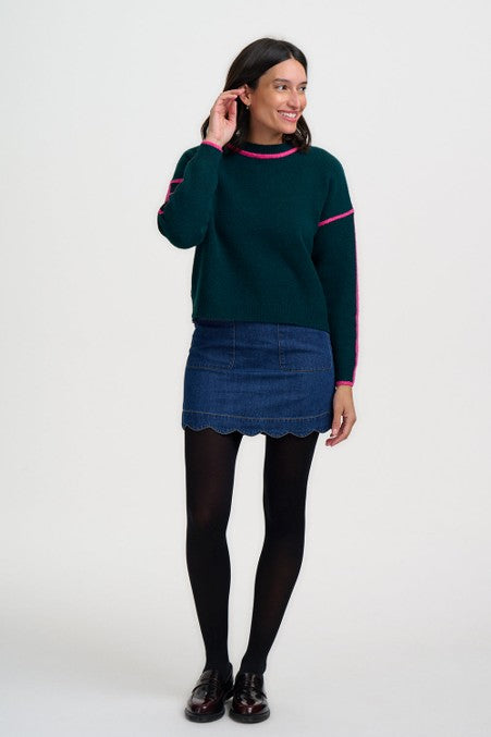 Sugarhill Brighton Rozalia Jumper Dark Jade Green Hot Pink Trim. Womens Soft knitted fabric Crew neckline jumper with Contrast trim detail and Long sleeves with ribbed cuffs that's Machine washable (delicate) Material: 67% Acrylic, 30% Nylon & 3% Elastane