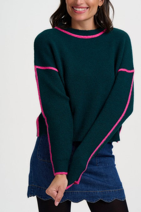 Sugarhill Brighton Rozalia Jumper Dark Jade Green Hot Pink Trim. Womens Soft knitted fabric Crew neckline jumper with Contrast trim detail and Long sleeves with ribbed cuffs that's Machine washable (delicate) Material: 67% Acrylic, 30% Nylon & 3% Elastane