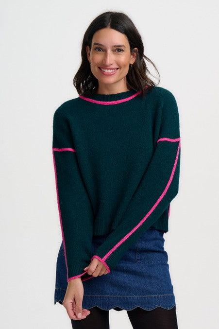 Sugarhill Brighton Rozalia Jumper Dark Jade Green Hot Pink Trim. Womens Soft knitted fabric Crew neckline jumper with Contrast trim detail and Long sleeves with ribbed cuffs that's Machine washable (delicate) Material: 67% Acrylic, 30% Nylon & 3% Elastane