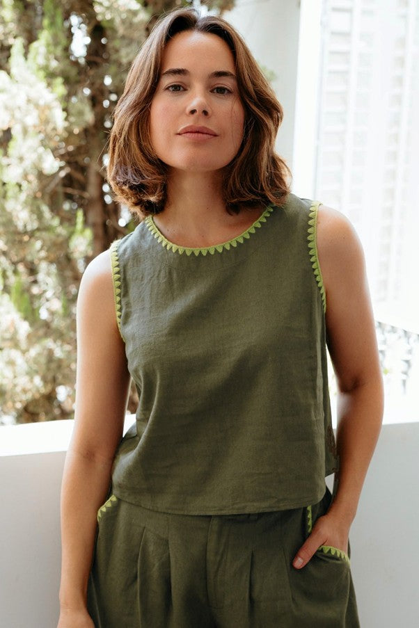 Sugarhill Brighton Senna Top Olive Decorative Stitch