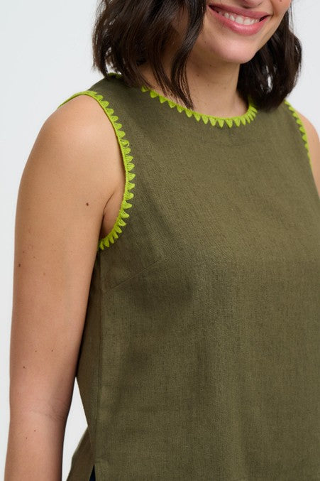 Sugarhill Brighton Senna Top Olive Decorative Stitch