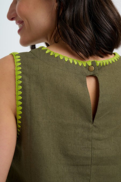 Sugarhill Brighton Senna Top Olive Decorative Stitch