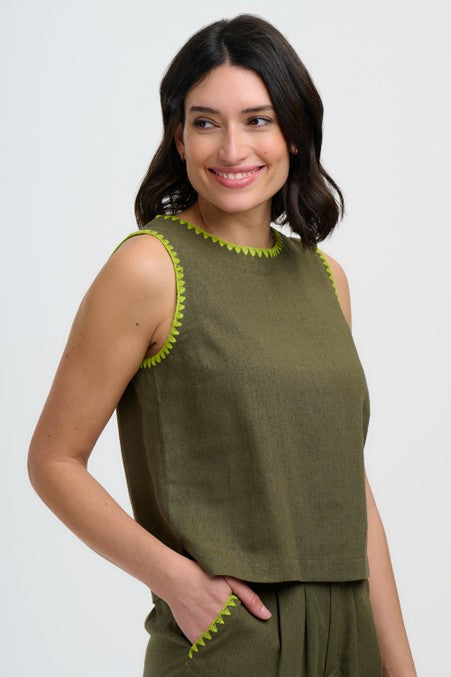 Sugarhill Brighton Senna Top Olive Decorative Stitch