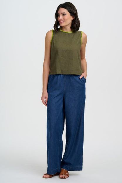 Sugarhill Brighton Senna Top Olive Decorative Stitch