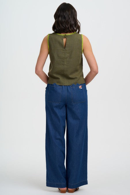 Sugarhill Brighton Senna Top Olive Decorative Stitch