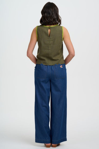 Sugarhill Brighton Senna Top Olive Decorative Stitch