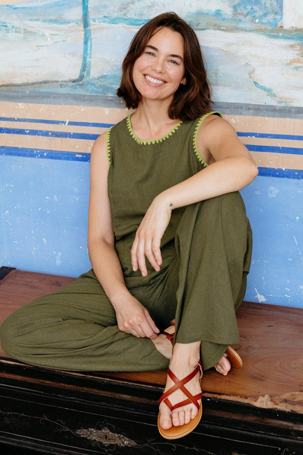Sugarhill Brighton Senna Top Olive Decorative Stitch