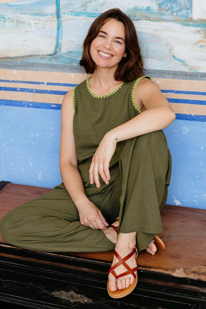 Sugarhill Brighton Senna Top Olive Decorative Stitch