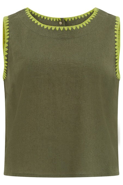 Sugarhill Brighton Senna Top Olive Decorative Stitch