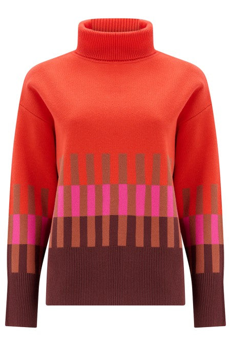 Sugarhill Brighton Serita Roll Neck Jumper Orange Section Stripes. Womens Soft knitted fabric Roll neck top with Long sleeves with ribbed cuffs. Machine washable (delicate) Material: 51% Viscose, 30% Polyester & 19% Nylon