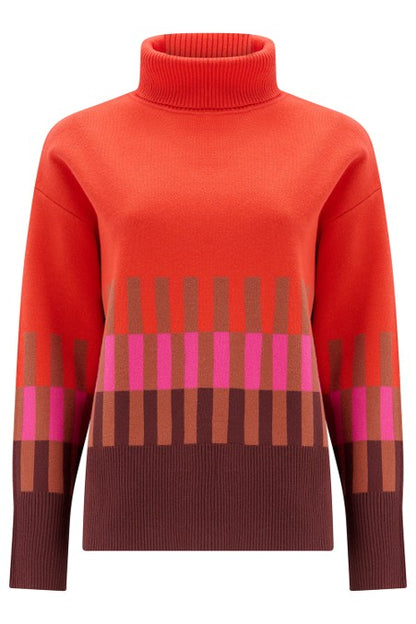 Sugarhill Brighton Serita Roll Neck Jumper Orange Section Stripes. Womens Soft knitted fabric Roll neck top with Long sleeves with ribbed cuffs. Machine washable (delicate) Material: 51% Viscose, 30% Polyester & 19% Nylon
