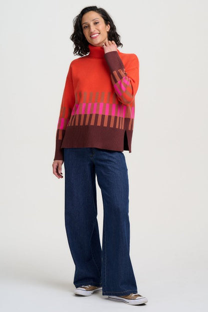 Sugarhill Brighton Serita Roll Neck Jumper Orange Section Stripes. Womens Soft knitted fabric Roll neck top with Long sleeves with ribbed cuffs. Machine washable (delicate) Material: 51% Viscose, 30% Polyester & 19% Nylon