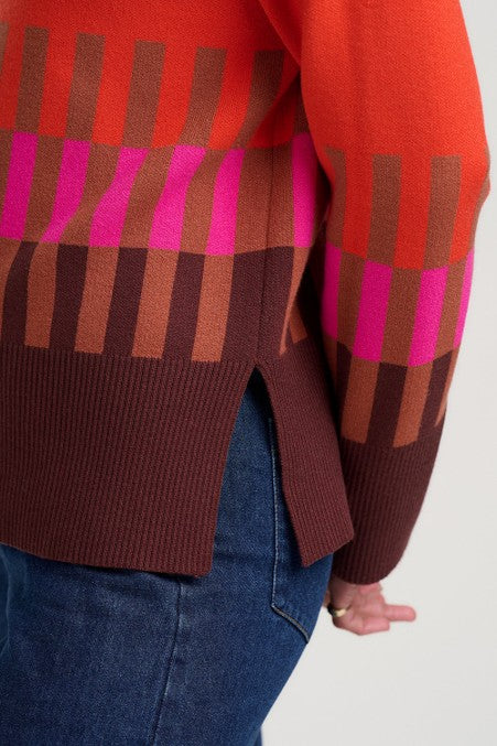 Sugarhill Brighton Serita Roll Neck Jumper Orange Section Stripes. Womens Soft knitted fabric Roll neck top with Long sleeves with ribbed cuffs. Machine washable (delicate) Material: 51% Viscose, 30% Polyester & 19% Nylon