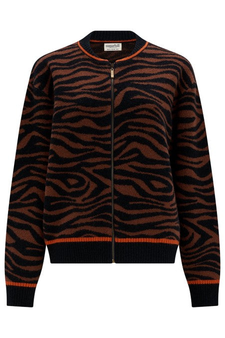 Sugarhill Brighton Solana Knitted Bomber Jacket Brown/Black Tiger Print. Womens Round neck and Centre zip fastening that's Relaxed fit and Machine washable (delicate) Material: 48% Acrylic, 30% Polyester & 22% Nylon 