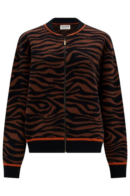 Sugarhill Brighton Solana Knitted Bomber Jacket Brown/Black Tiger Print. Womens Round neck and Centre zip fastening that's Relaxed fit and Machine washable (delicate) Material: 48% Acrylic, 30% Polyester & 22% Nylon 