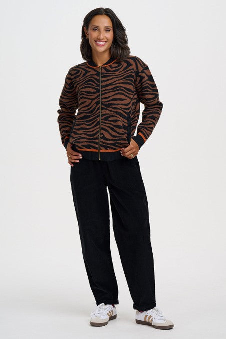 Sugarhill Brighton Solana Knitted Bomber Jacket Brown/Black Tiger Print