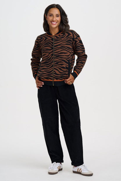 Sugarhill Brighton Solana Knitted Bomber Jacket Brown/Black Tiger Print