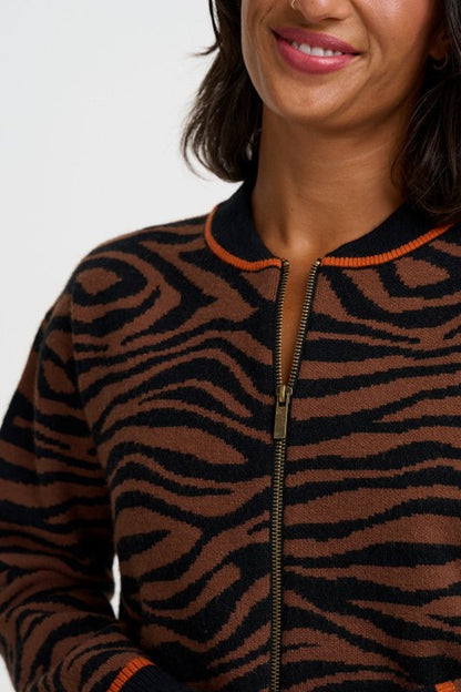Sugarhill Brighton Solana Knitted Bomber Jacket Brown/Black Tiger Print