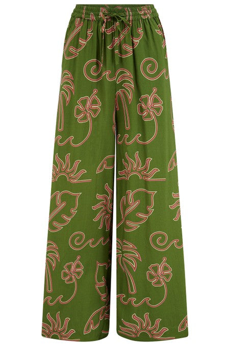 Sugarhill Brighton Trinny Wide Leg Trousers Khaki Tropical Line Drawing