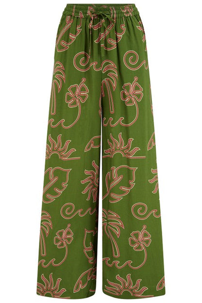 Sugarhill Brighton Trinny Wide Leg Trousers Khaki Tropical Line Drawing