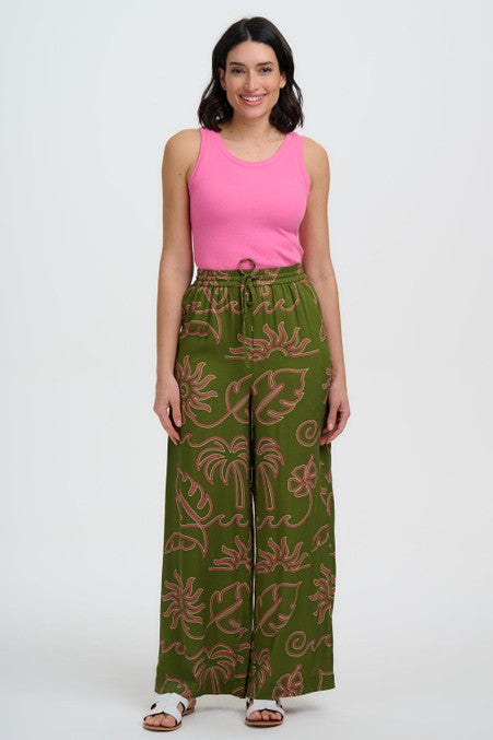 Sugarhill Brighton Trinny Wide Leg Trousers Khaki Tropical Line Drawing