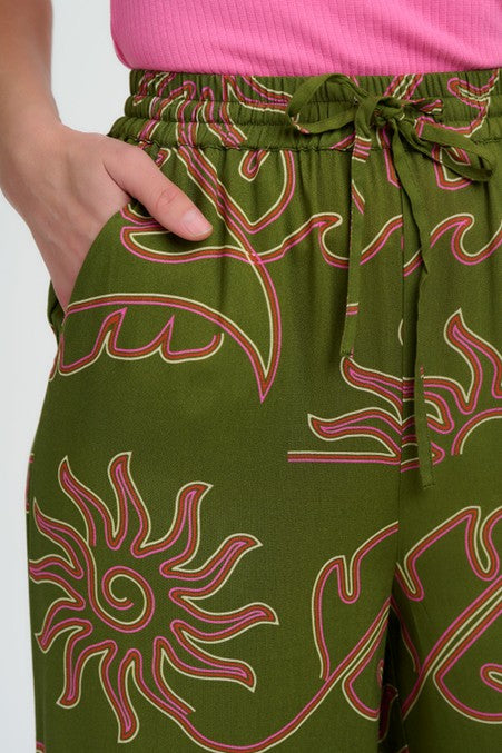 Sugarhill Brighton Trinny Wide Leg Trousers Khaki Tropical Line Drawing