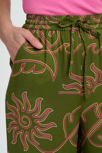 Sugarhill Brighton Trinny Wide Leg Trousers Khaki Tropical Line Drawing