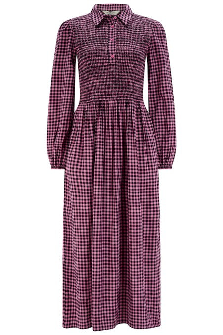 Sugarhill Diana Shirred Midi Dress Rose Gingham. Womens Lightweight woven fabric with Collared neckline with half-button placket and Smocked, fitted bodice that's Long sleeves with elasticated cuffs and Full, gathered midi skirt that's Machine Washable (Delicate) Colour: Rose Gingham Material: 100% LENZING™ ECOVERO™ Viscose