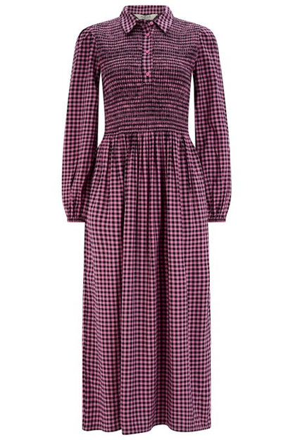 Sugarhill Diana Shirred Midi Dress Rose Gingham. Womens Lightweight woven fabric with Collared neckline with half-button placket and Smocked, fitted bodice that's Long sleeves with elasticated cuffs and Full, gathered midi skirt that's Machine Washable (Delicate) Colour: Rose Gingham Material: 100% LENZING™ ECOVERO™ Viscose