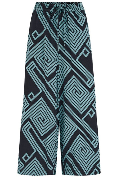 Sugarhill Brighton Ameera Cropped Wide Leg Trousers Black/Green Geometric Lines