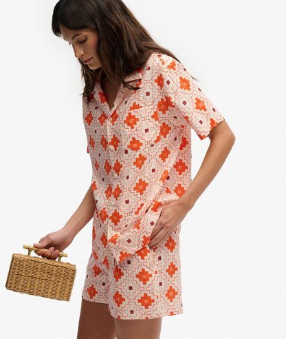 Superdry Beach Printed Short Sleeve Shirt Sashiko Tile Orange