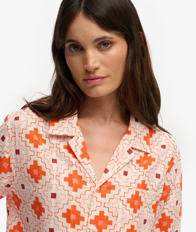 Superdry Beach Printed Short Sleeve Shirt Sashiko Tile Orange