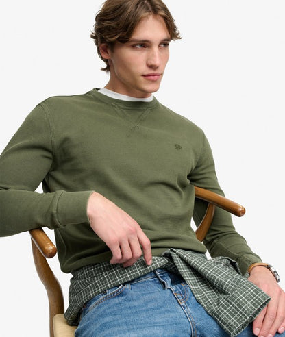 Superdry Classic Heavy Textured Top Beetle Green. Mens green sweater that's a Relaxed fit  with Ribbed crew neckline and Long sleeved with ribbed cuffs Material: 100% Cotton