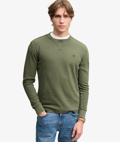 Superdry Classic Heavy Textured Top Beetle Green. Mens green sweater that's a Relaxed fit  with Ribbed crew neckline and Long sleeved with ribbed cuffs Material: 100% Cotton