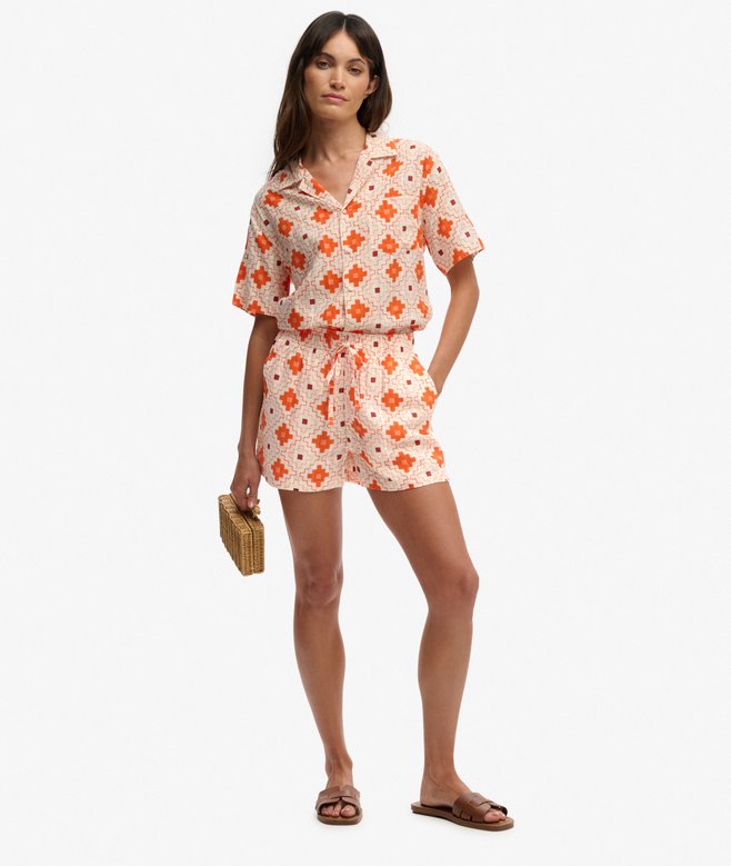 Superdry Cotton Printed Beach Shorts Sashiko Tile Orange