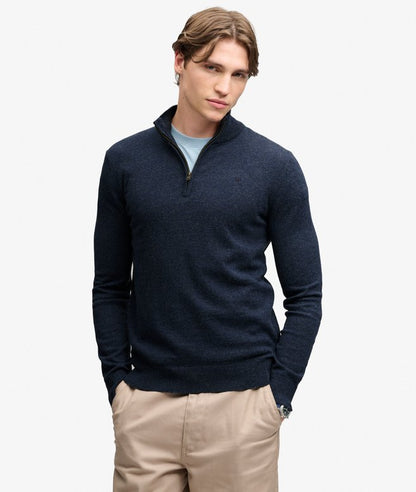 Superdry Essential Lightweight Wool Blend Half Zip Jumper Rich Navy Marl. Men's half zip that's Slim fit Wool-blend fabric with Embroidered text on the chest Material: 70% Cotton & 30% Wool