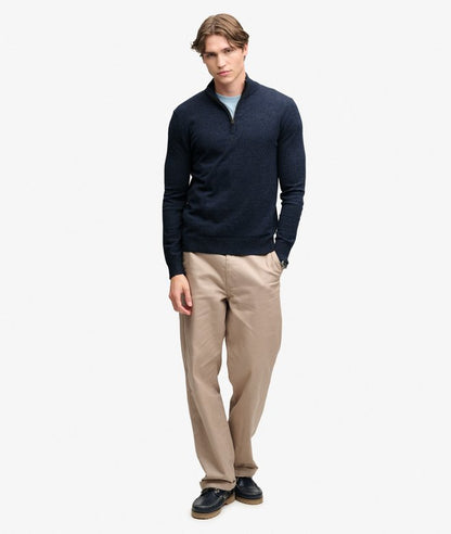 Superdry Essential Lightweight Wool Blend Half Zip Jumper Rich Navy Marl. Men's half zip that's Slim fit Wool-blend fabric with Embroidered text on the chest Material: 70% Cotton & 30% Wool