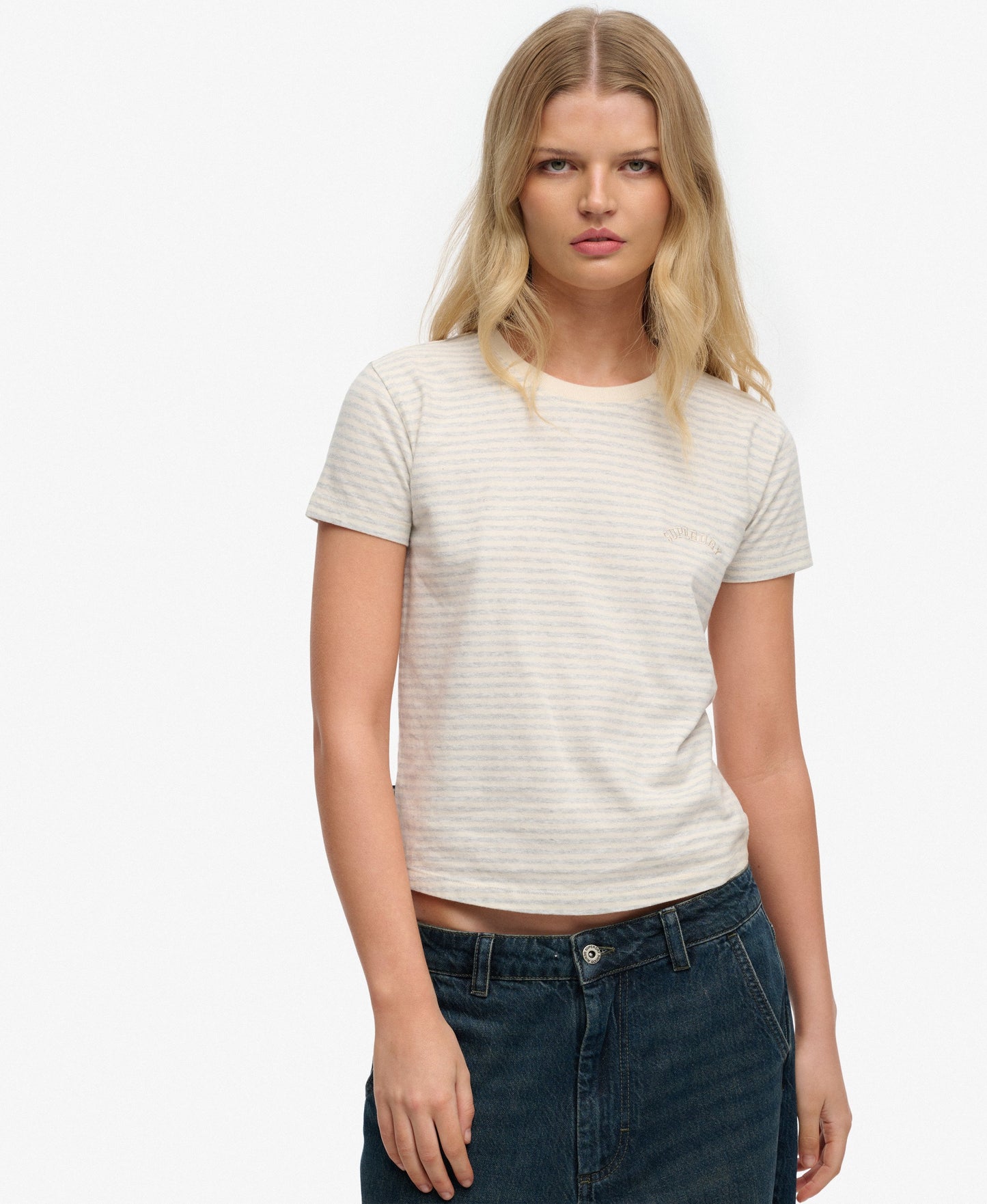 Superdry Essential Logo Striped Fitted T-Shirt Glacier Grey Marl Stripe
