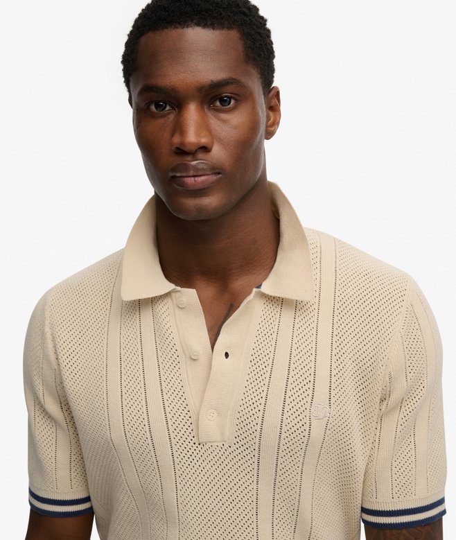 Superdry Knitted Texture Short Sleeve Polo Shirt Oatmeal Beige